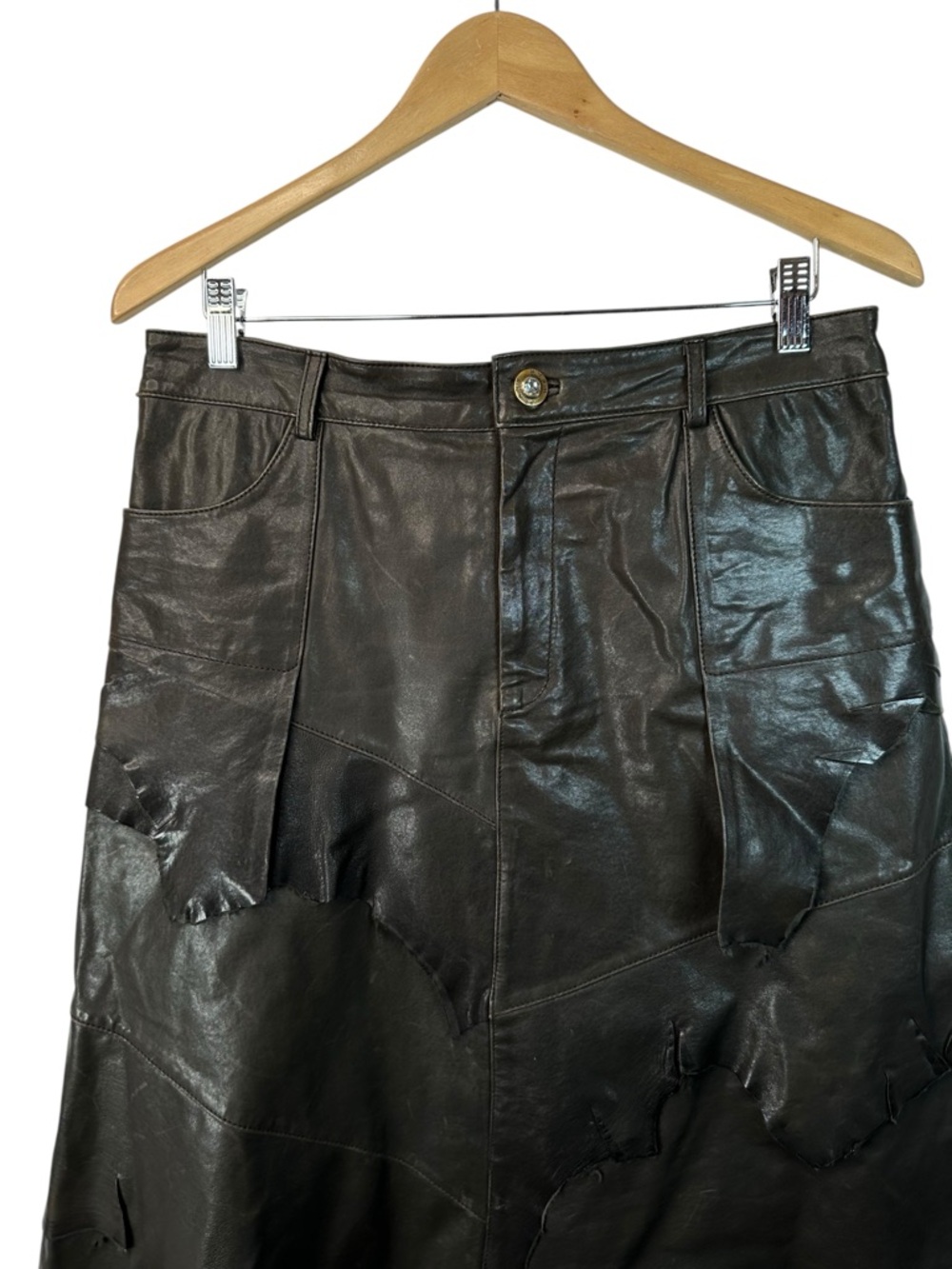 Danier Leather Skirt 10 Brown Patchwork Jagged Hem A Line Edgy Statement - Picture 6 of 14